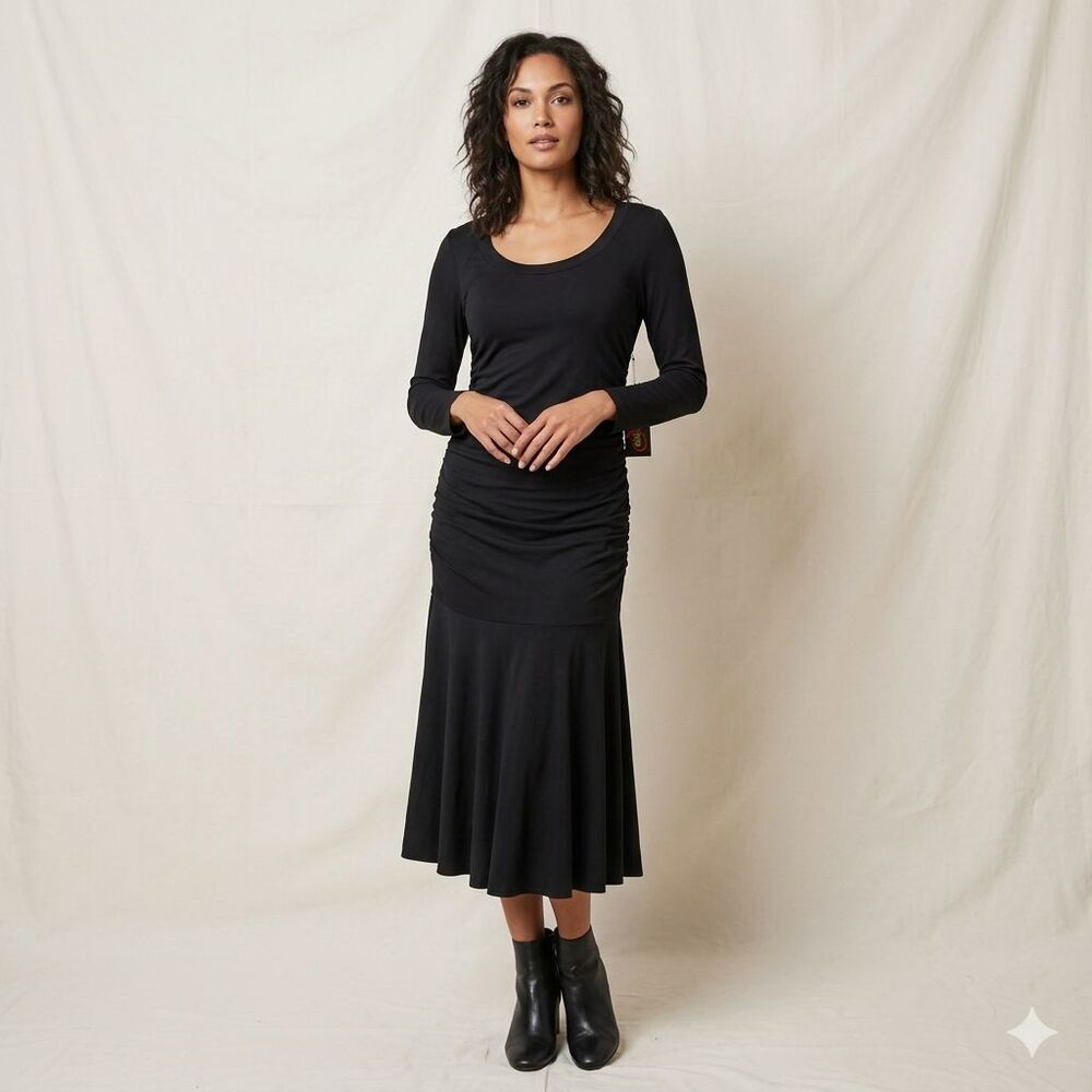 Silk Assets DVF Black Ruched Mermaid Midi Dress L Vtg 90s NWT Goth Glam